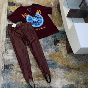 Def Leppard burgundy low cut top. Size S. Coated stirrup burgundy leggings.